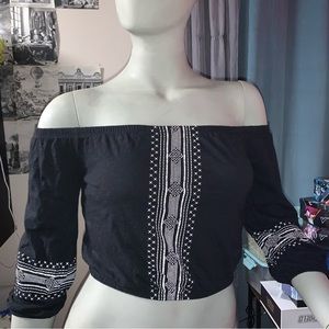 Ardene | Off The Shoulder Boho Crop Top | Black & White